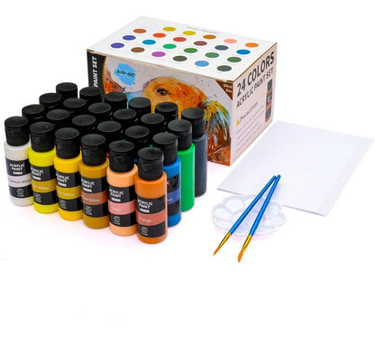 Aon-Art 24 Colours Acrylic Paint Set with Brushes and Canvas (Set of 24, Multicolour) - Bulk Haven