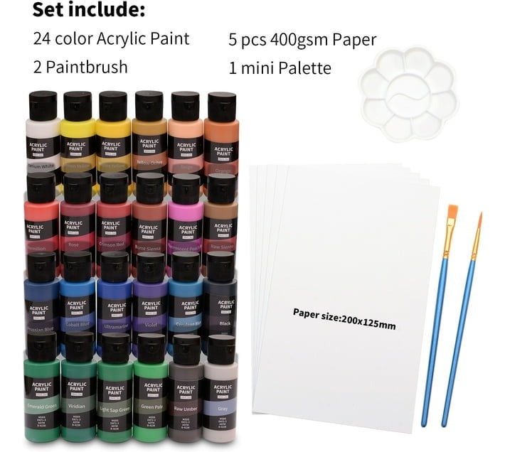 Aon-Art 24 Colours Acrylic Paint Set with Brushes and Canvas (Set of 24, Multicolour) - Bulk Haven