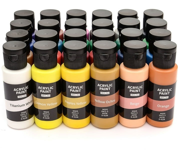 Aon-Art 24 Colours Acrylic Paint Set with Brushes and Canvas (Set of 24, Multicolour) - Bulk Haven