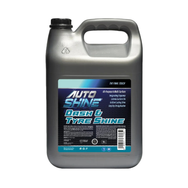 Jug of Auto Shine Dash & Tyre Shine on a black background