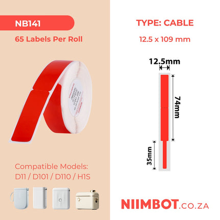 NB141 - NIIMBOT - D11 / D101 / D110 / H1S - RXL 12.5X109MM - 65 LABELS PER ROLL - RED CABLE (5 ROLLS)